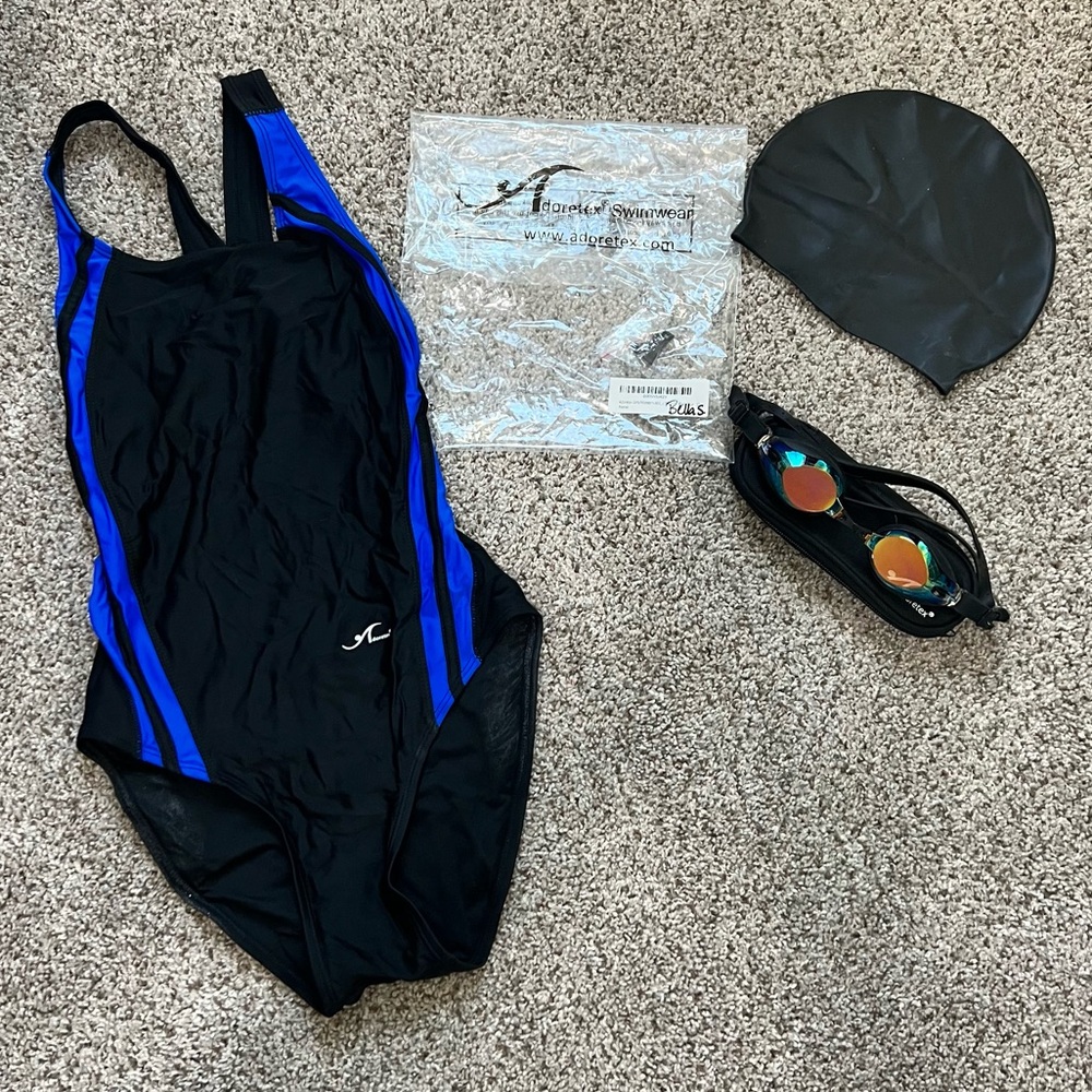 Adoretex Swimwear Black/Blue - Sz 32. Swimming cap, Adoretex Swim Goggles & Case